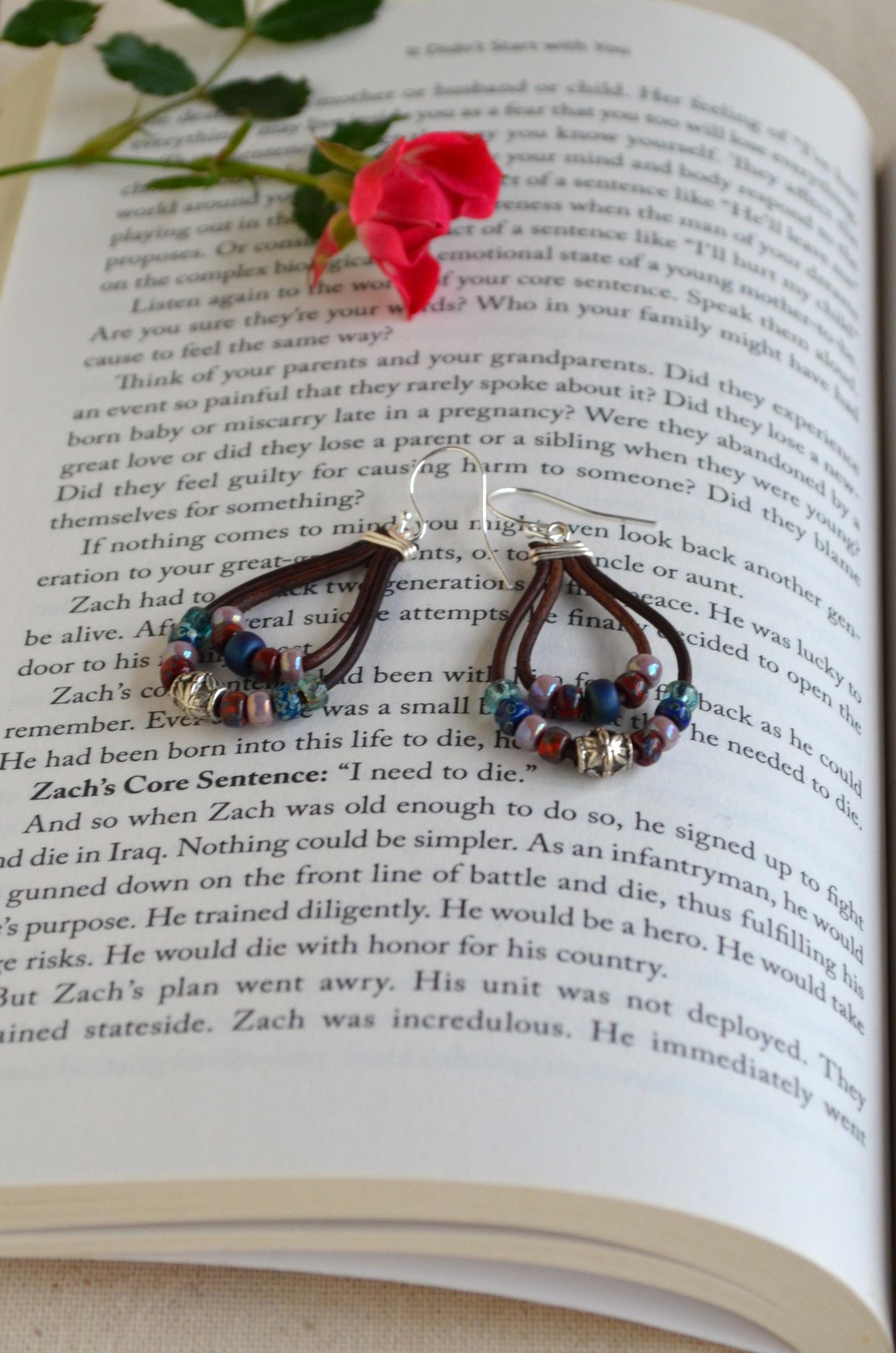 Multi-Color Picasso Bead Leather Dangle Earrings, Sterling Silver