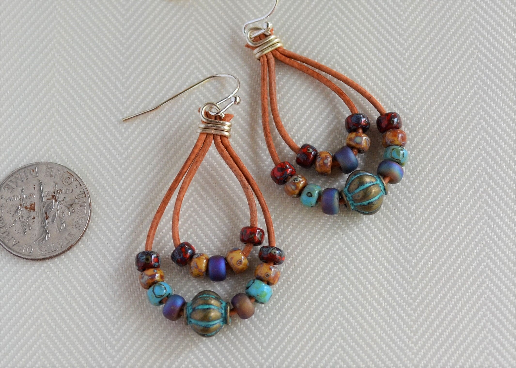 Beaded Leather Earrings, Patina Picasso Beads, Boho Dangle