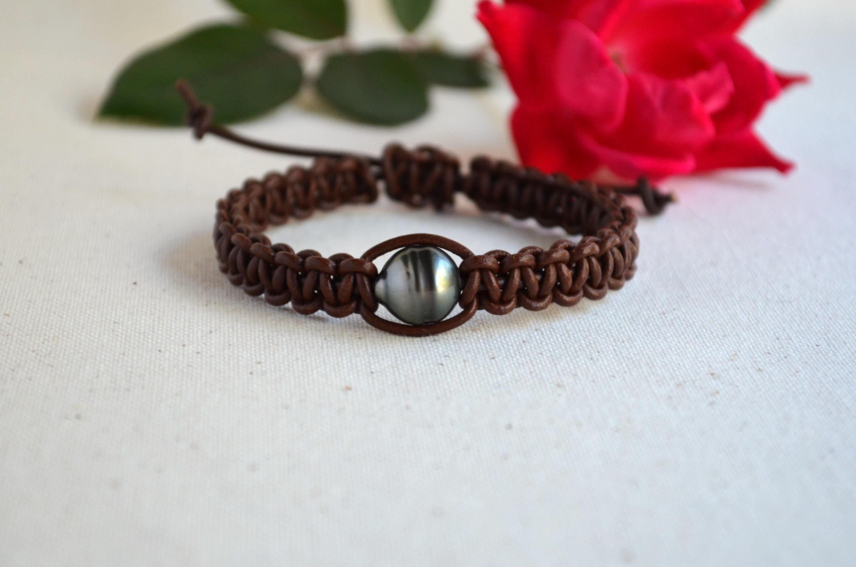 Adjustable Tahitian Pearl Bracelet: Greek Chocolate Brown Leather Bohemian Jewelry for Her