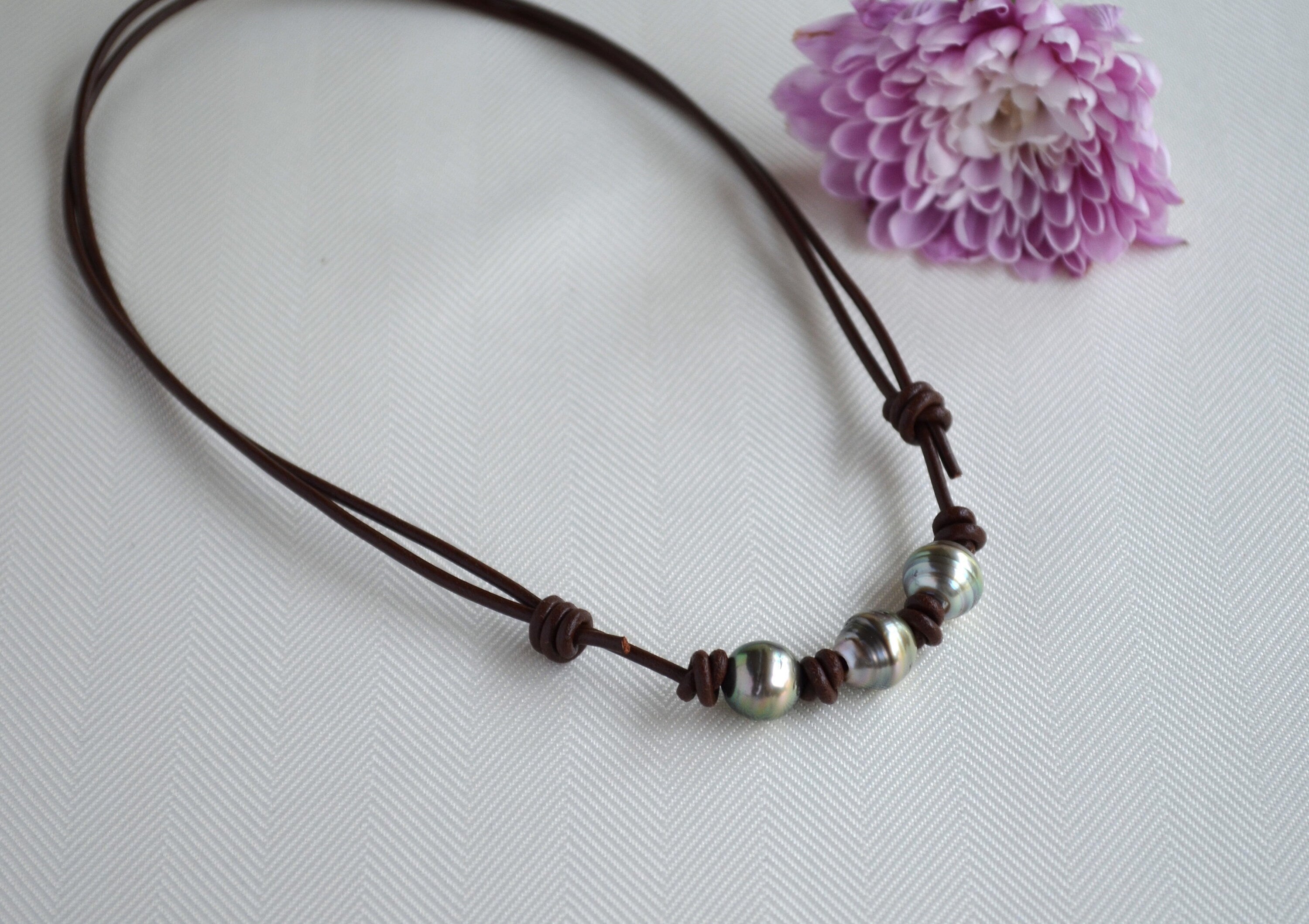 Tahitian Pearl Choker: Three Pearl Brown Leather Necklace