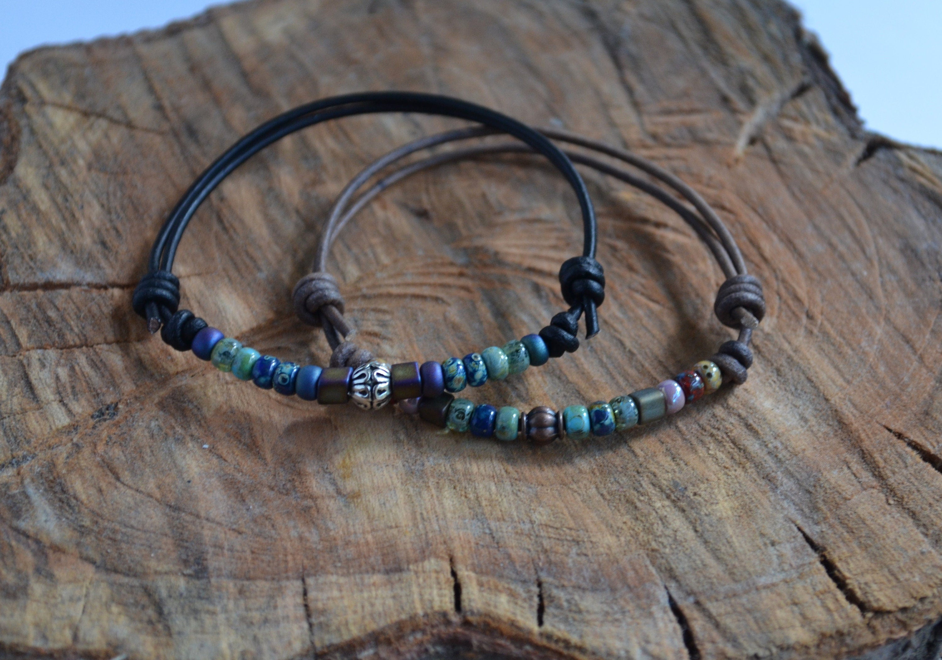 Unisex Picasso Czech Beaded Bracelet, Knotted Leather Bracelet for Him Her