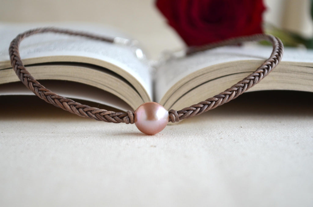 Hand Braided Leather Choker, Pink Edison Pearl Short Necklace