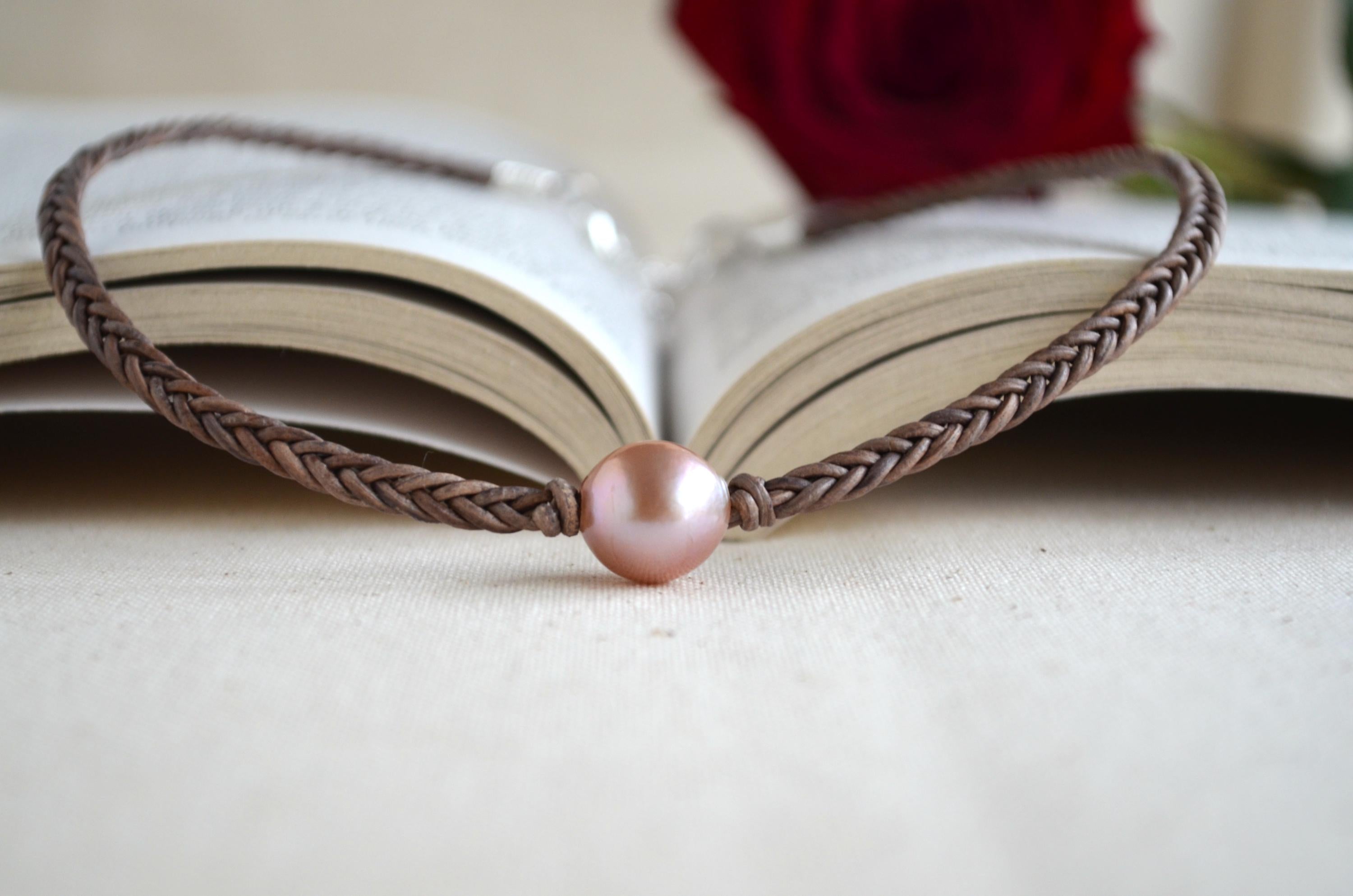 Hand Braided Leather Choker, Pink Edison Pearl Short Necklace