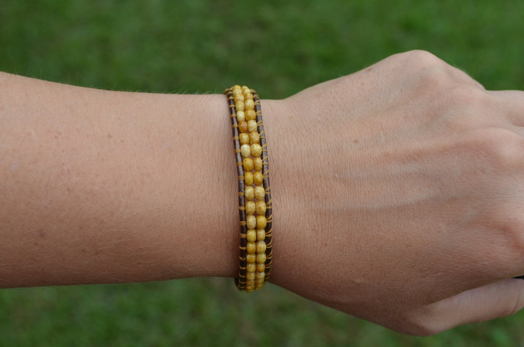 Handmade Leather Cuff Bracelet with Speckled Seed Beads, Gift for Her