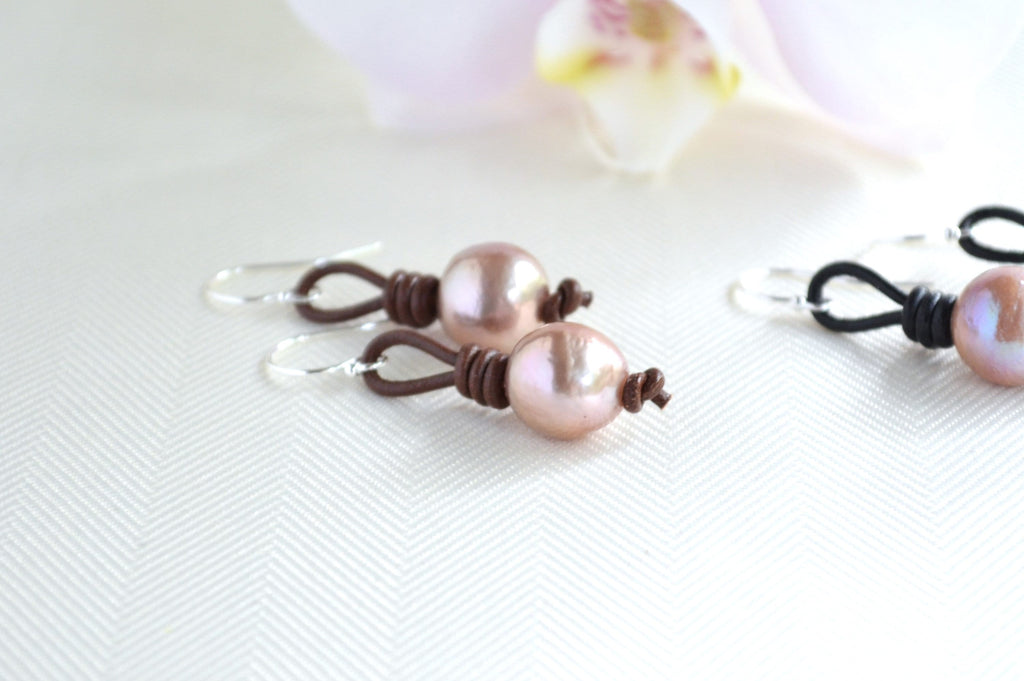 Edison Pearl Drop Earrings: Pink Freshwater Pearls, Sterling Silver & Leather