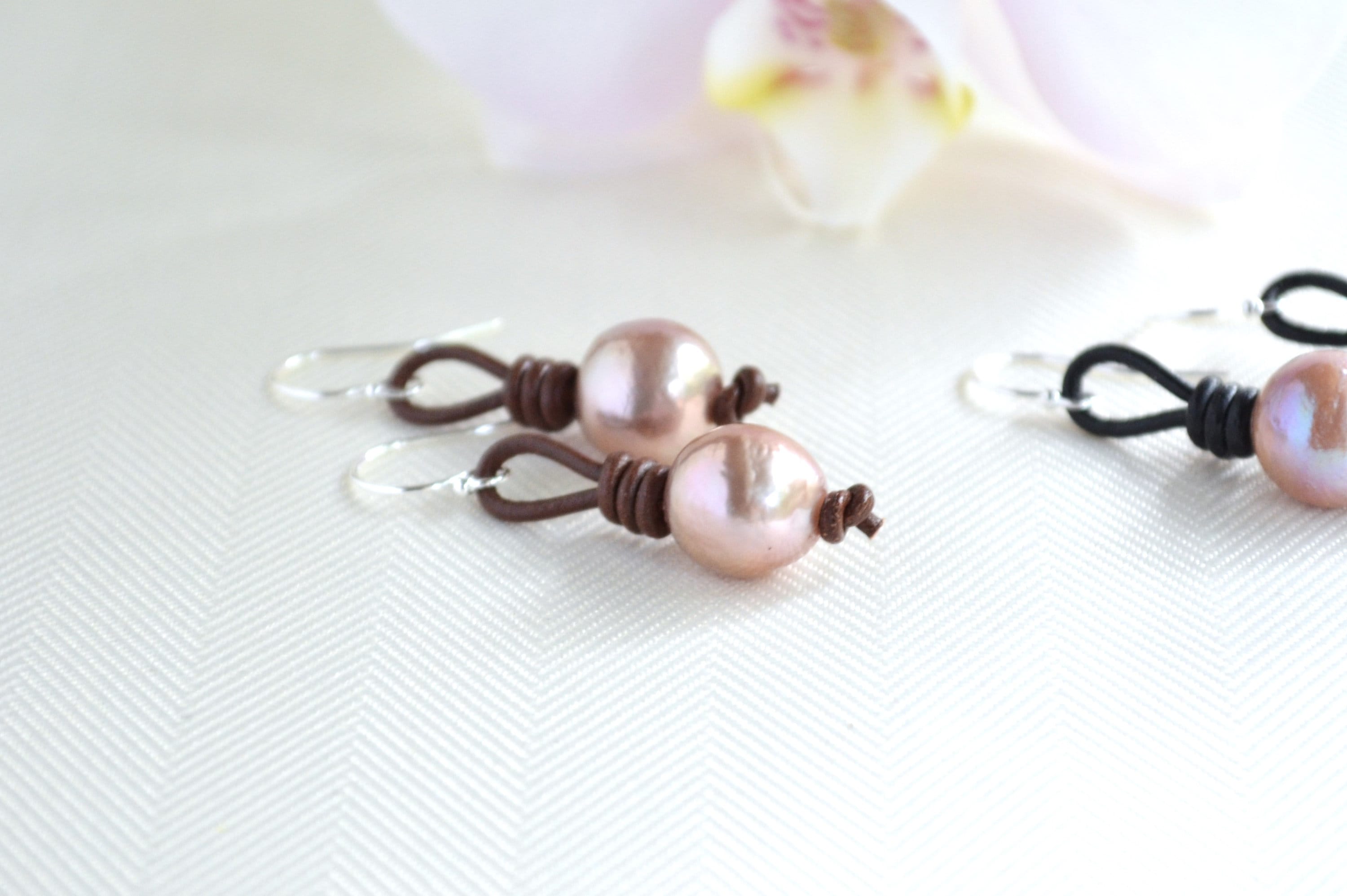 Edison Pearl Drop Earrings: Pink Freshwater Pearls, Sterling Silver & Leather