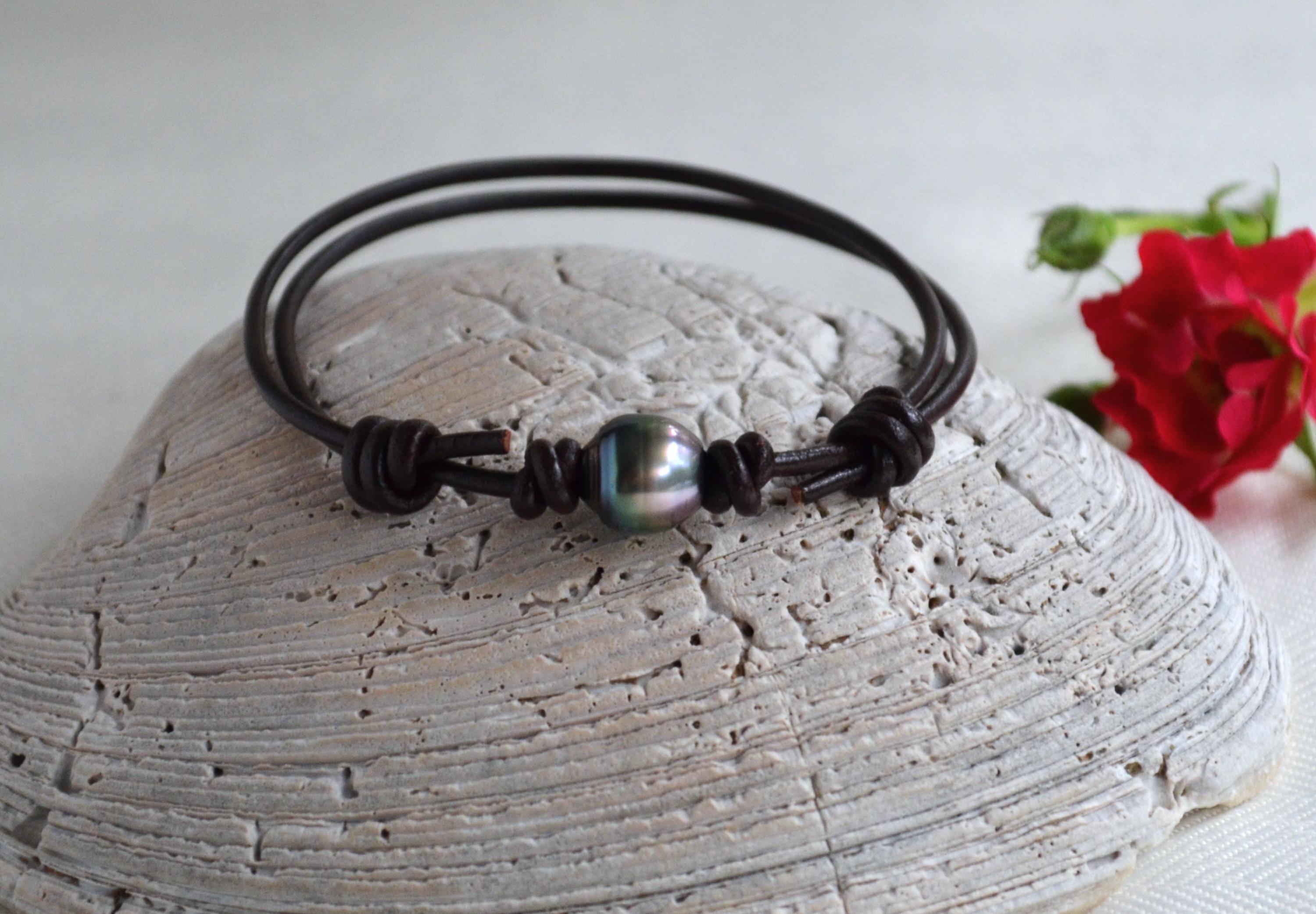 Tahitian Pearl Bracelet: Brown Greek Leather, Adjustable Unisex Jewelry