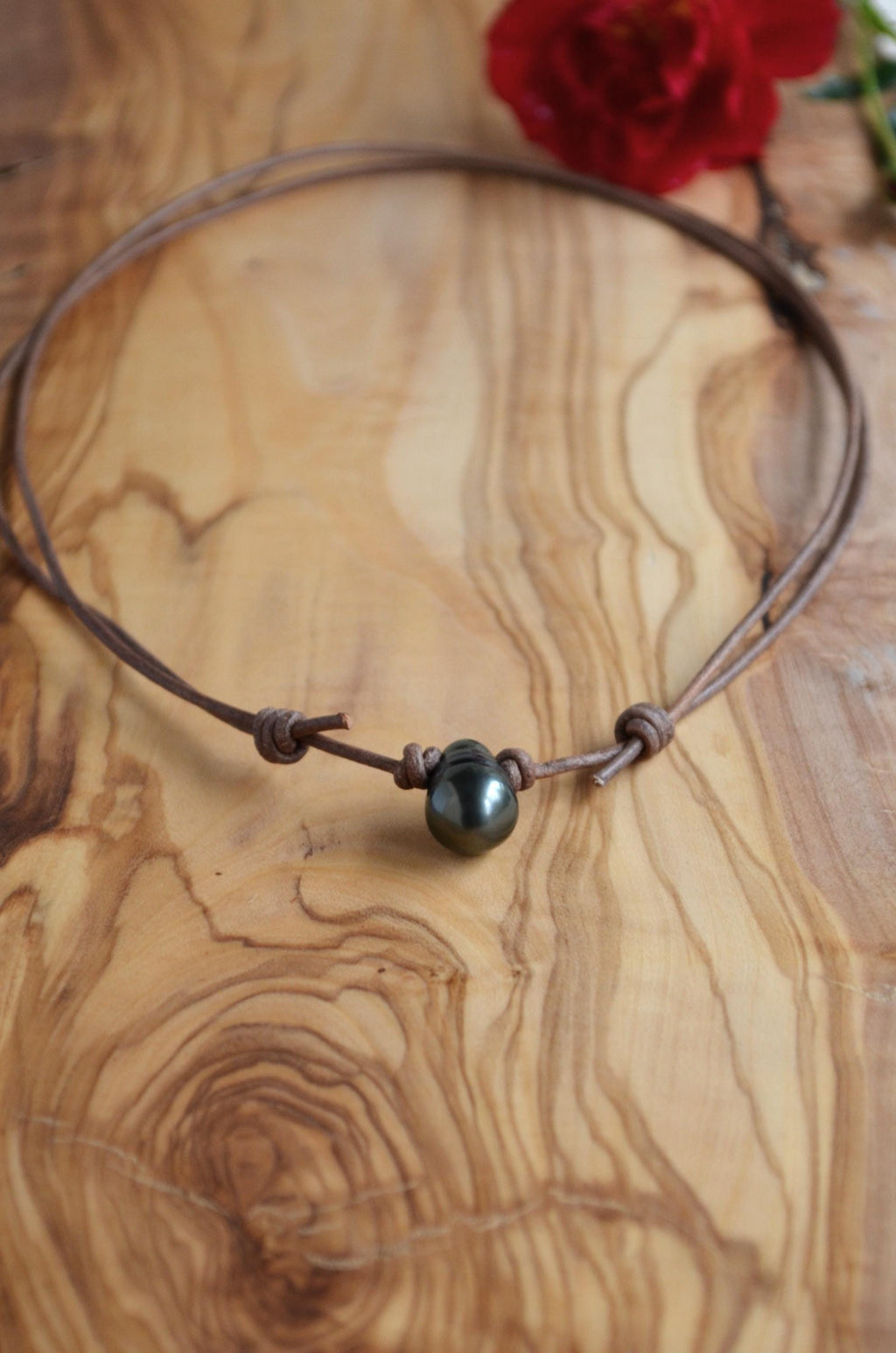 Tahitian Drop Pearl Necklace: Brown Grey Leather Adjustable Necklace