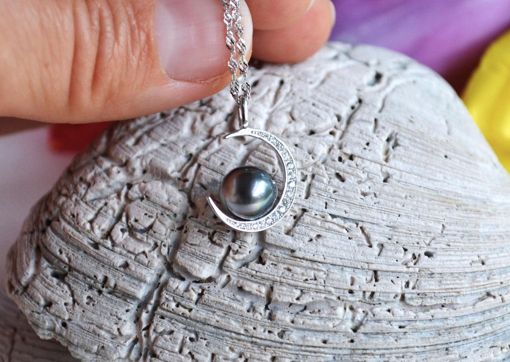 Tahitian Pearl Necklace: Sterling Silver Crescent Moon Pendant, CZ Accents