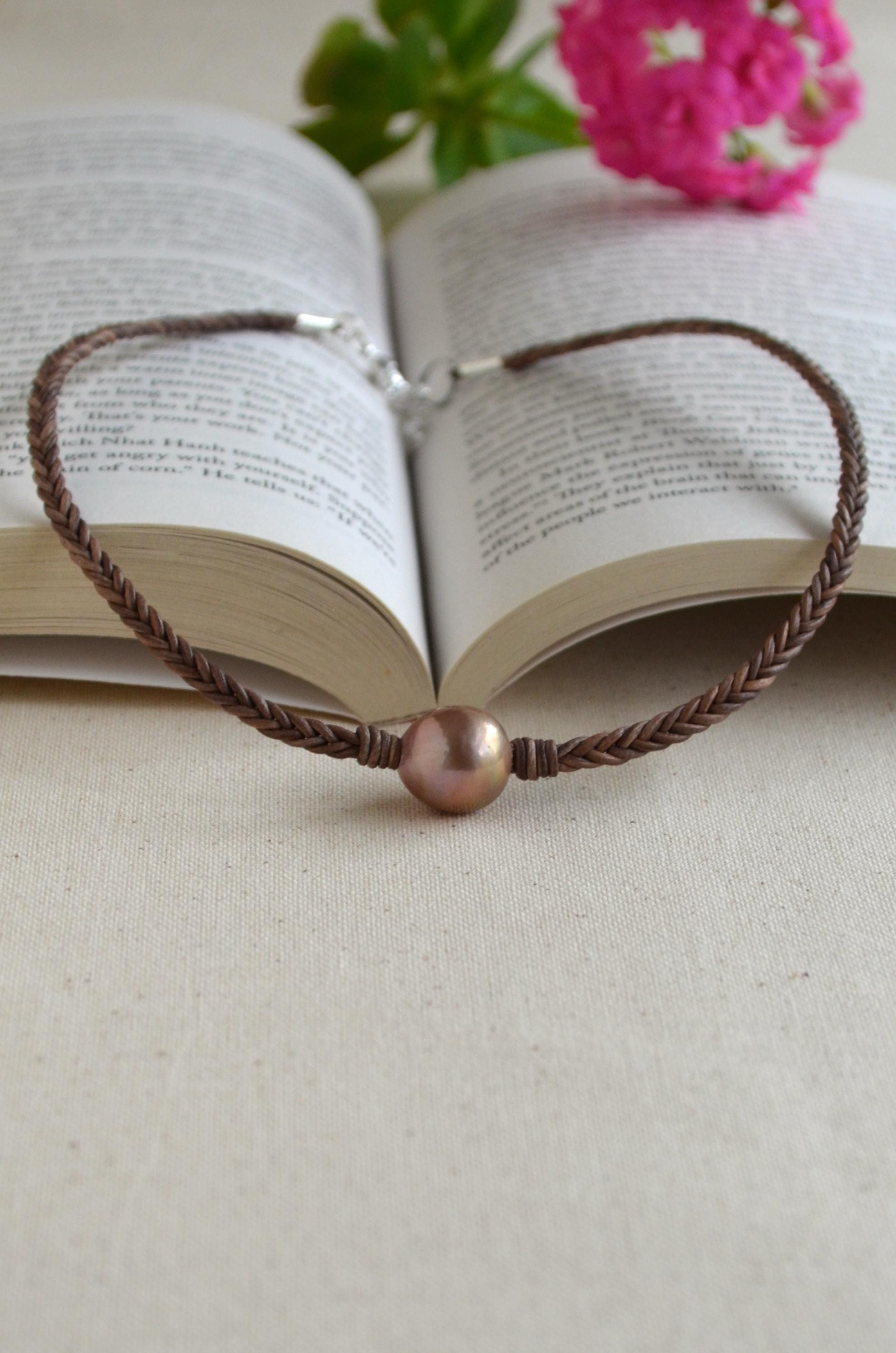 15mm Pink Edison Pearl Necklace, Braided Leather Choker, Mauve Lavender Pearl Jewelry