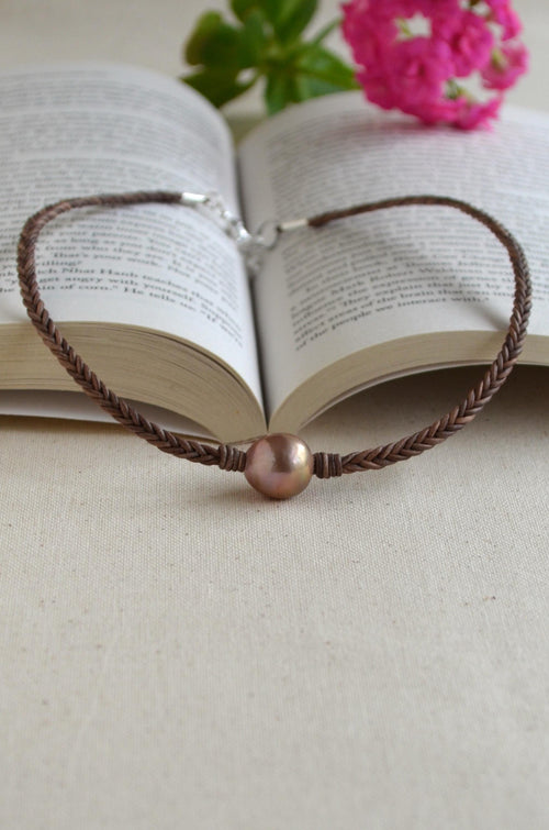 15mm Pink Edison Pearl Necklace, Braided Leather Choker, Mauve Lavender Pearl Jewelry