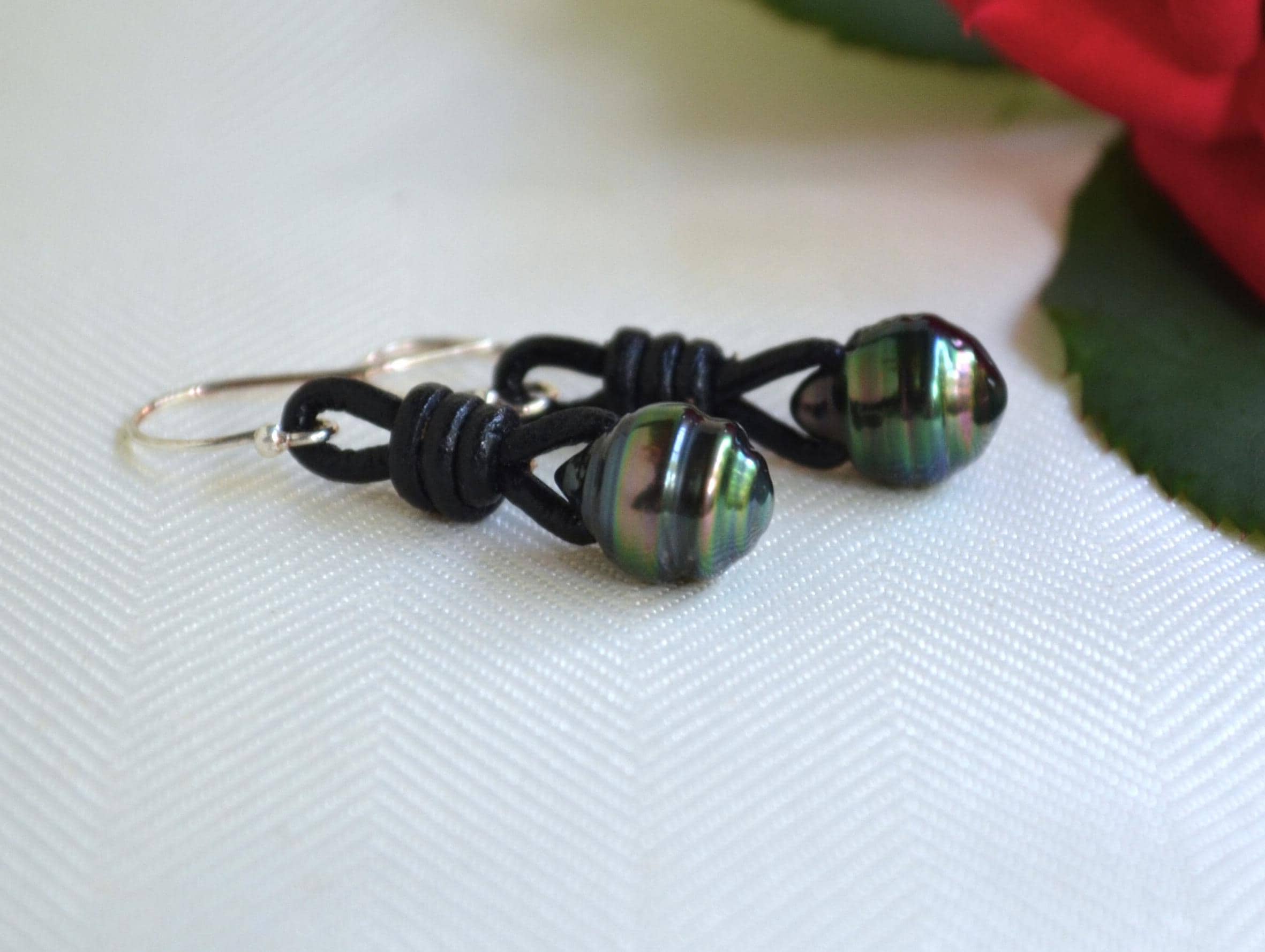 Tahitian Pearl Earrings, Sterling Silver, Black Leather Boho Jewelry