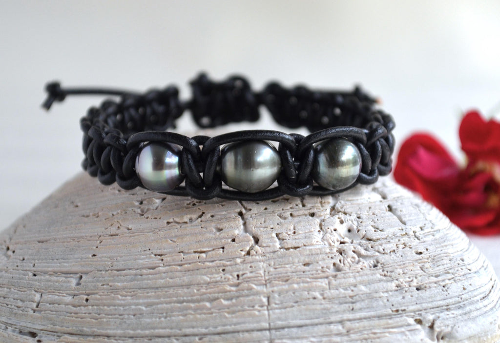 Three Tahitian Pearl Braided Greek Leather Bracelet