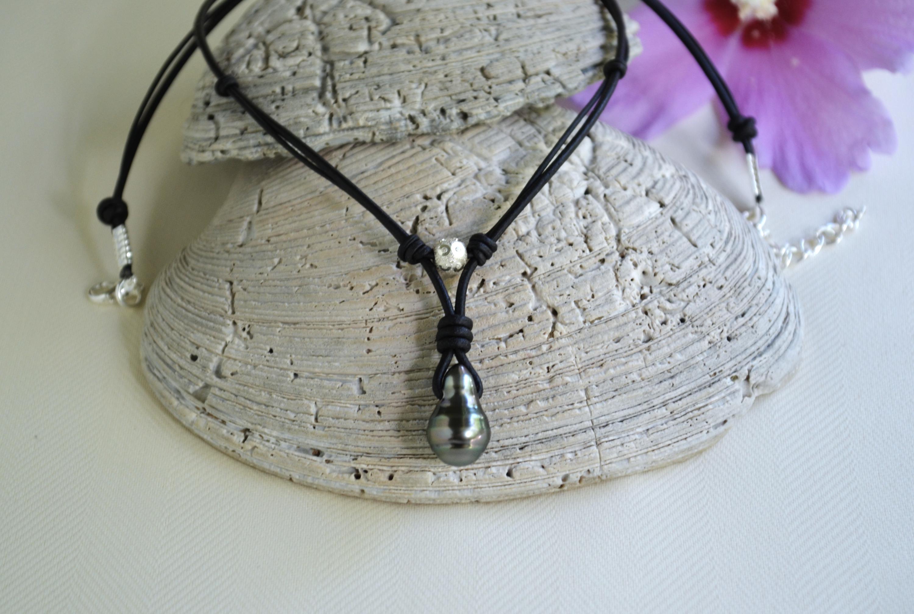 Tahitian Pearl Leather Necklace: Sterling Silver Accent, Elegant Gift