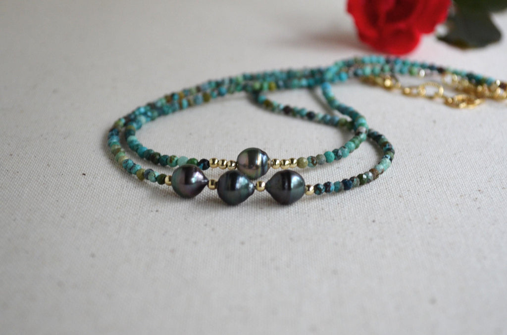 Three Tahitian Pearl Necklace, Turquoise Beaded Short Necklace, Minimal Gold Filled Necklace, Elegant Everyday Jewelry
