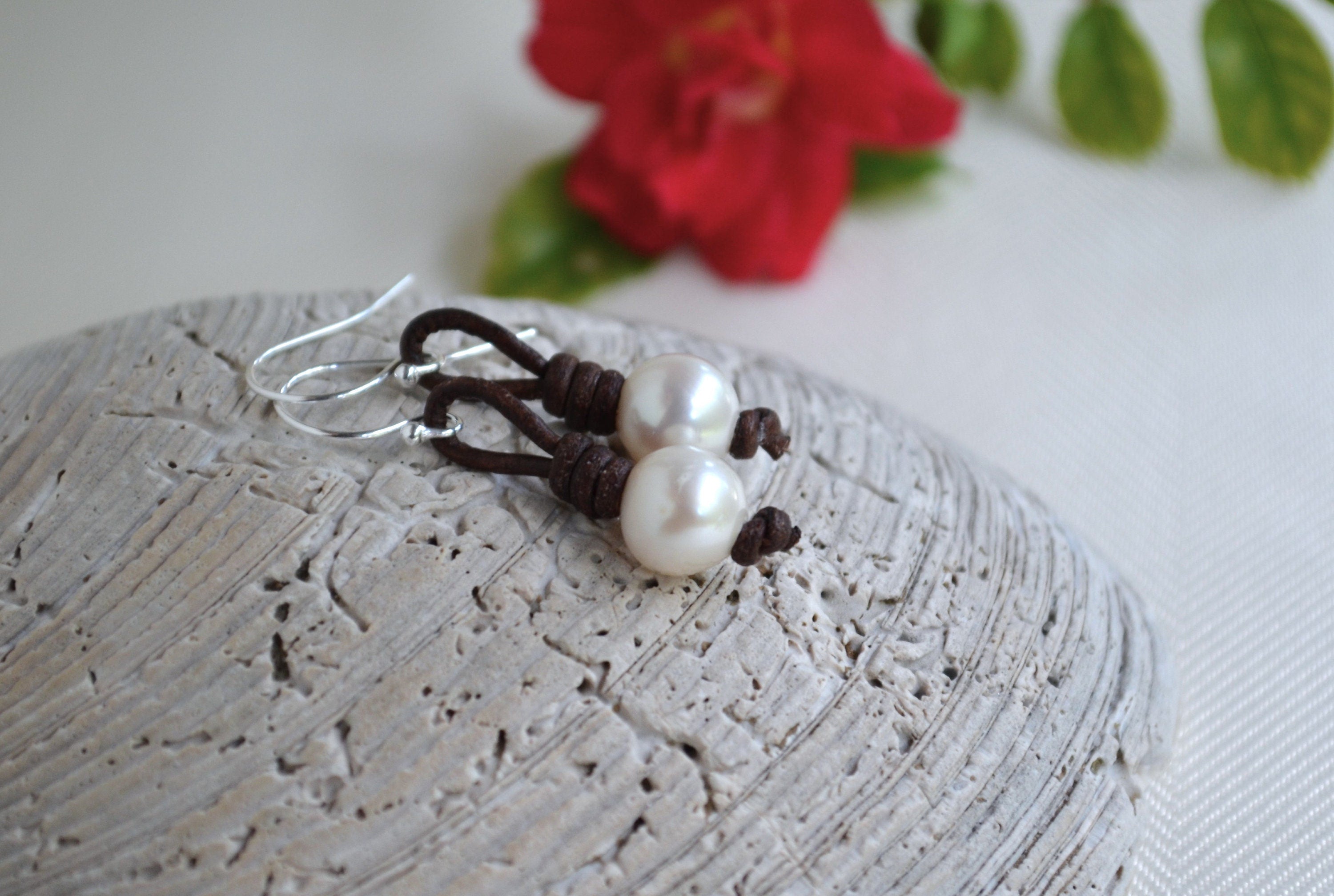 Handmade Pearl Leather Earrings: Dangle Freshwater Pearl Jewelry