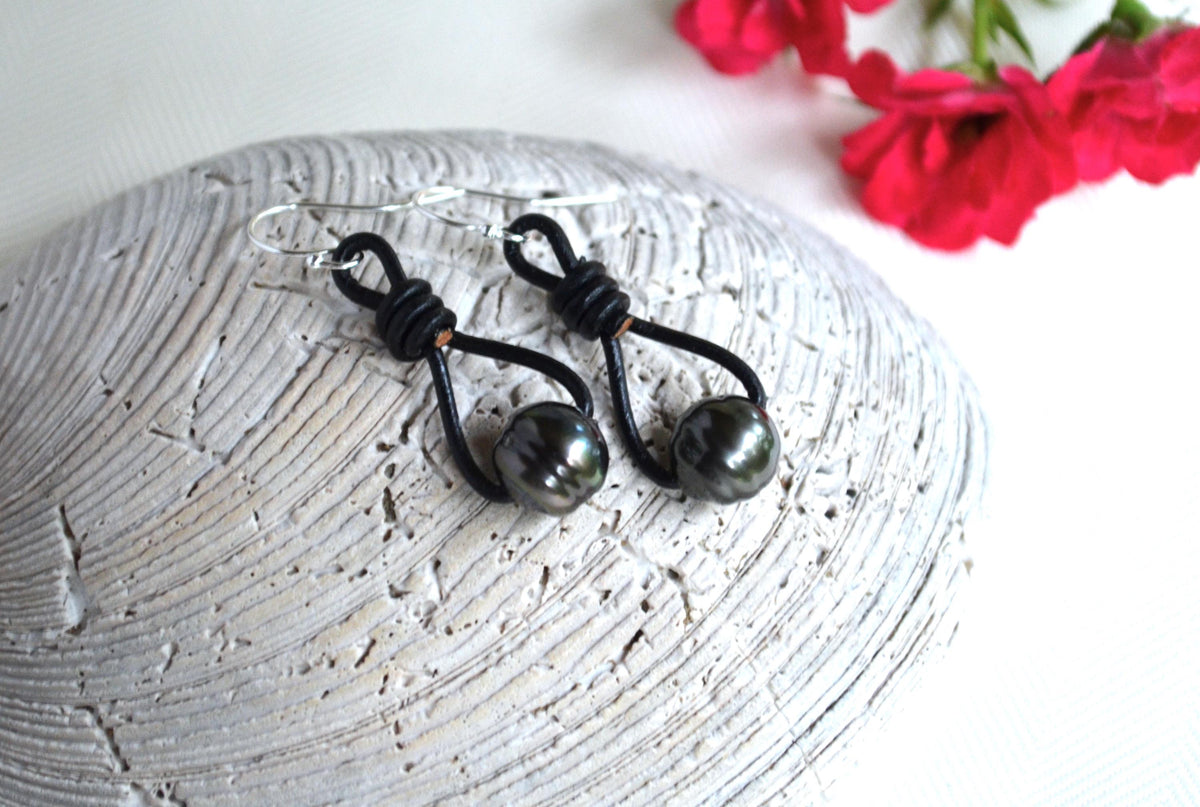 Tahitian Pearl Earrings: Sterling Silver, Black Leather Dangle Earrings