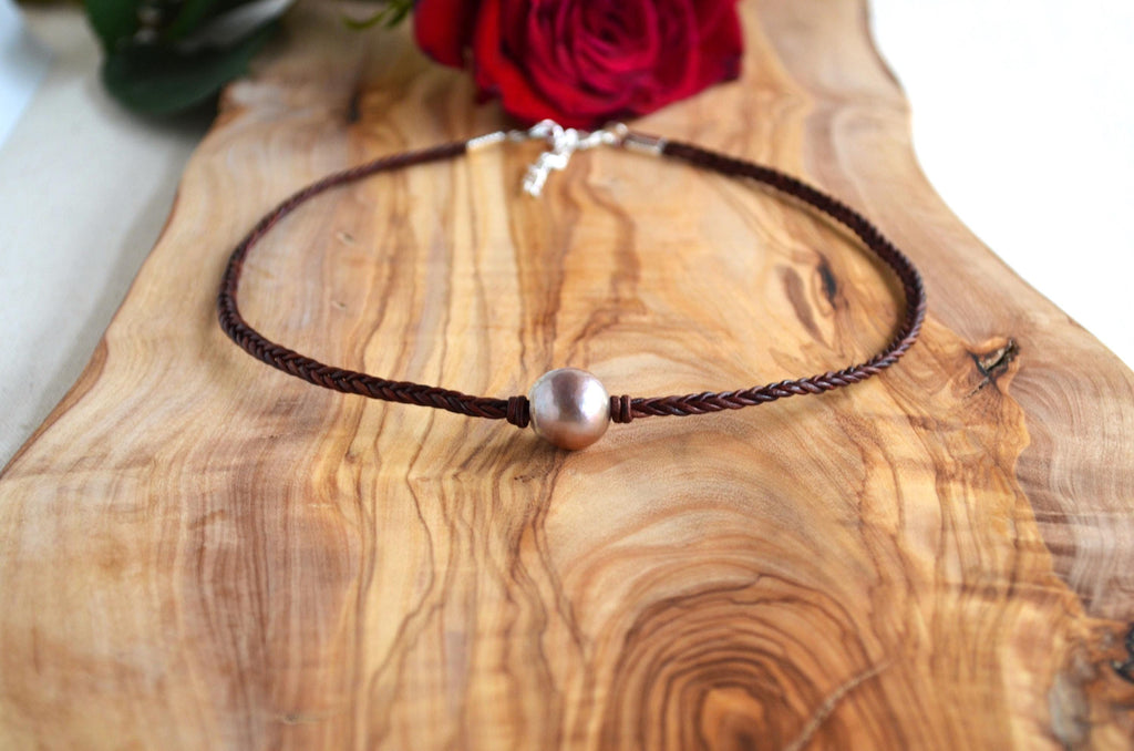 Hand Braided Leather Choker, Pink Edison Pearl Short Necklace