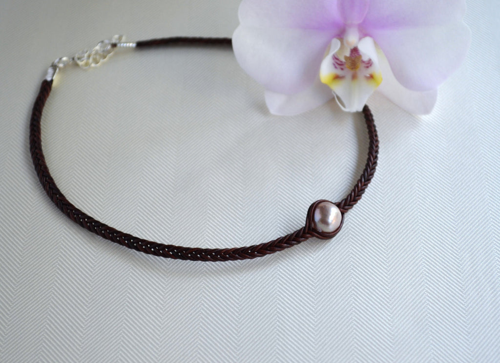 Edison Pearl Choker: Braided Leather Necklace, Light Mauve Pearl