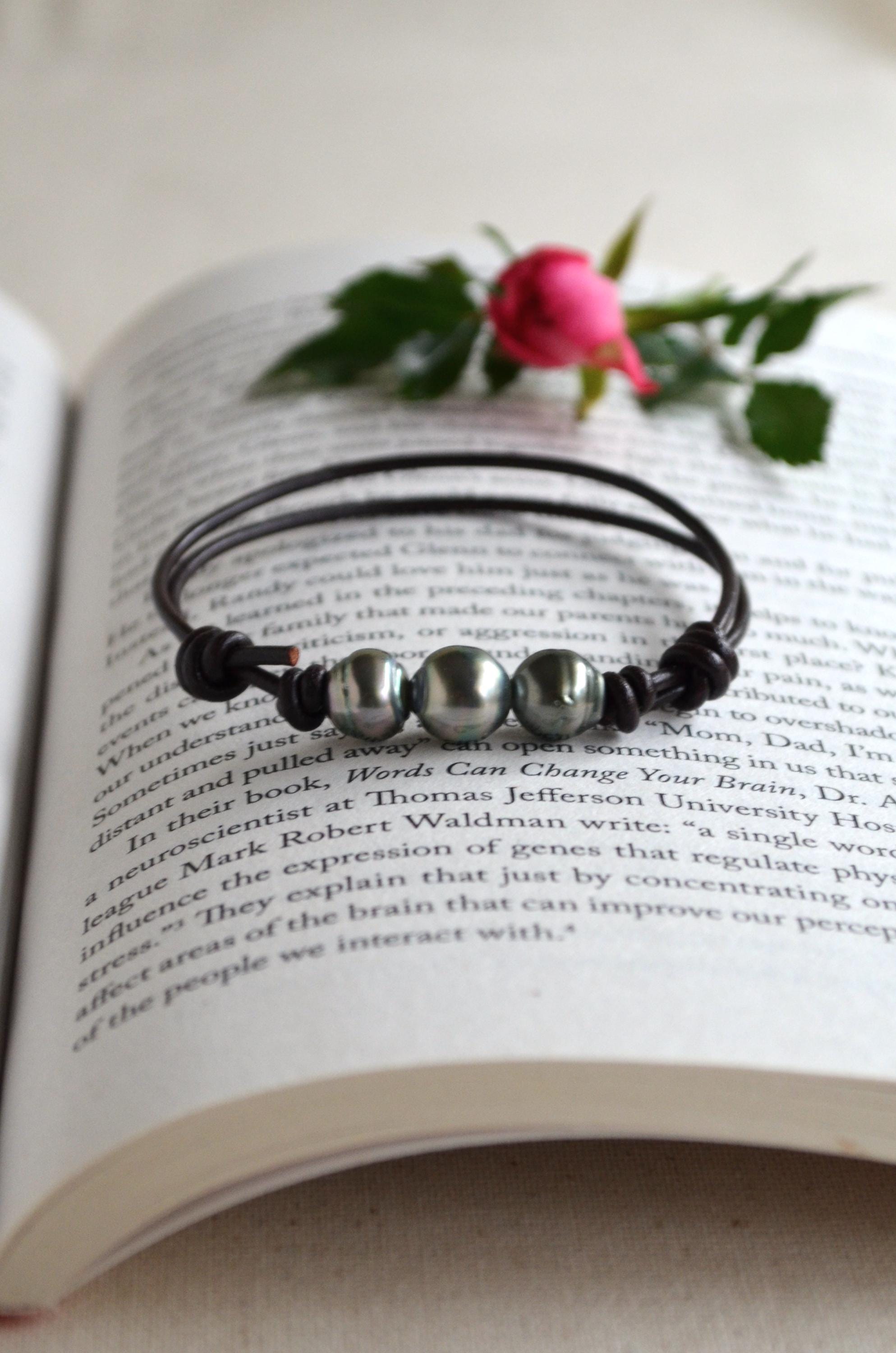 Three Tahitian Pearls Bracelet: Adjustable Dark Brown Greek Leather, Elegant Jewelry, Unisex