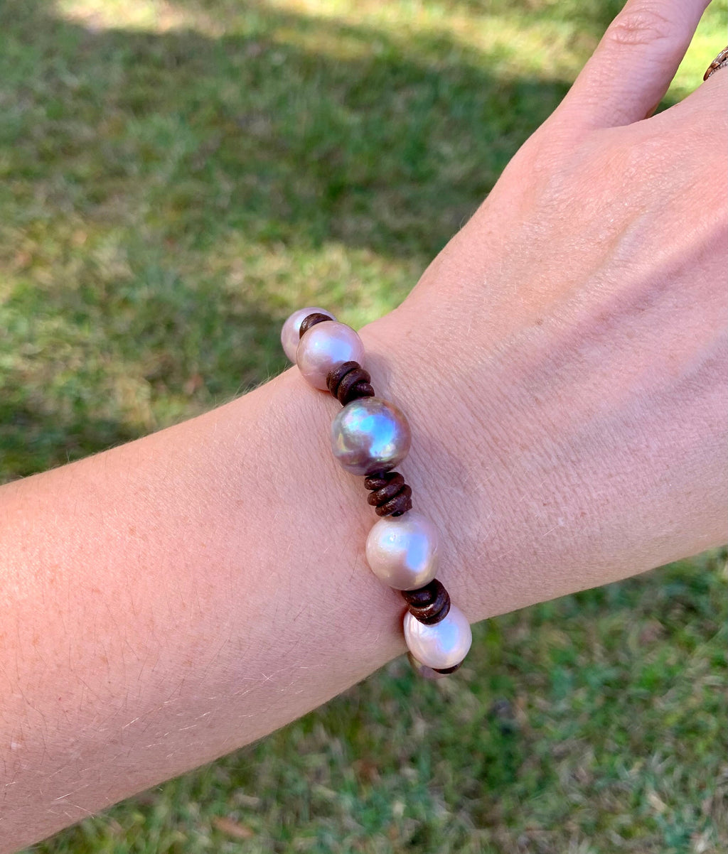 Edison Pearl Bracelet: Light Mauve Pink, Greek Leather