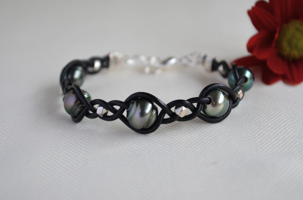 Tahitian Pearl Bracelet: Black Leather Boho Cuff
