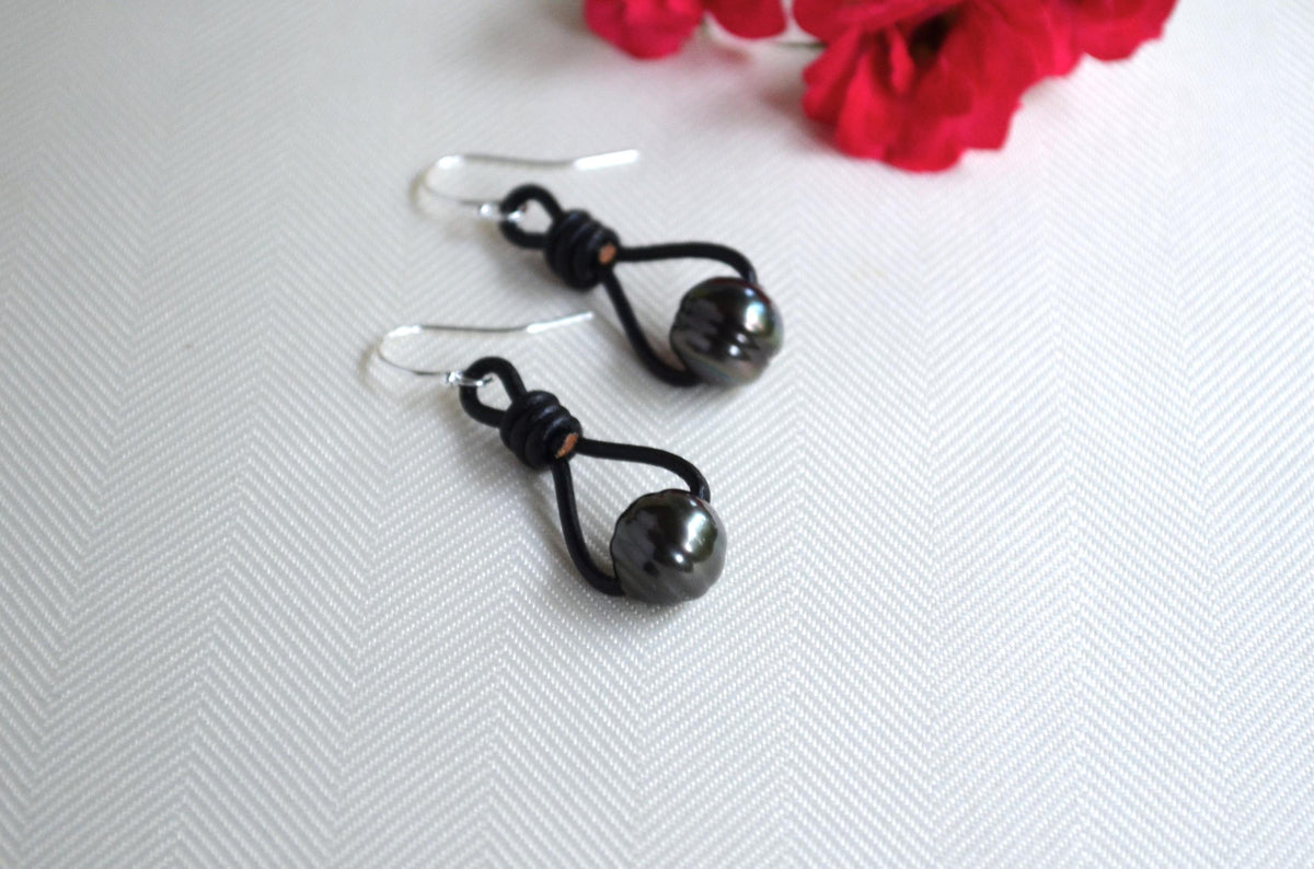 Tahitian Pearl Earrings: Sterling Silver, Black Leather Dangle Earrings