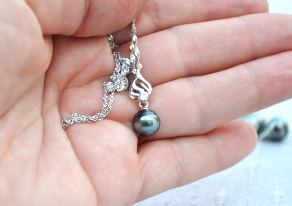 Tahitian Pearl Necklace: Sterling Silver Pendant, Cubic Zirconia Accent