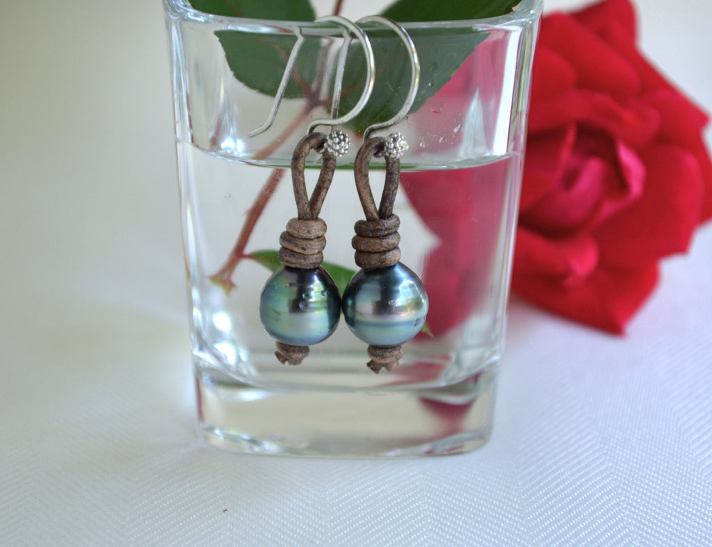 Tahitian Pearl Earrings: Sterling Silver, Brown Leather, Elegant Jewelry