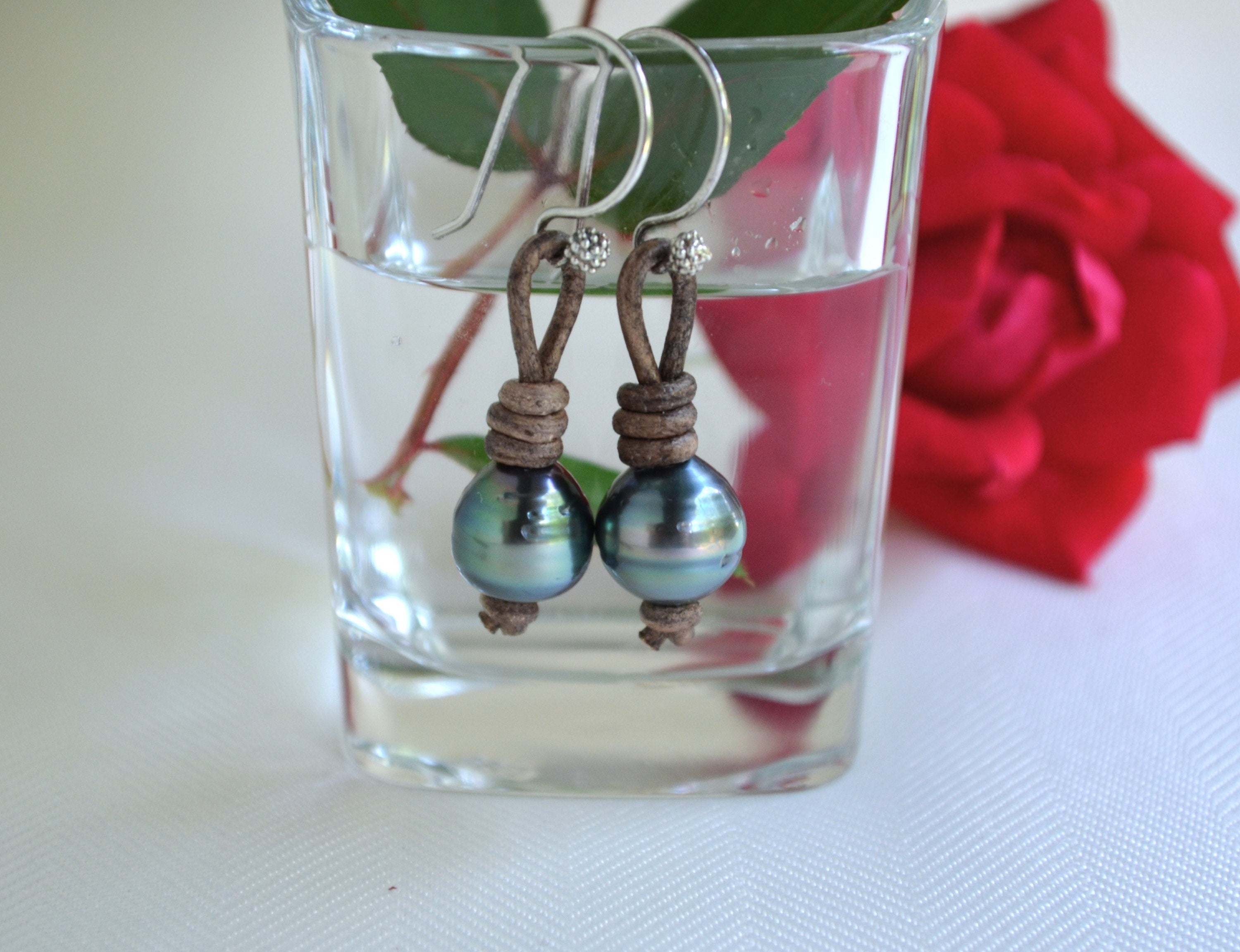 Tahitian Pearl Earrings: Sterling Silver, Brown Leather, Elegant Jewelry