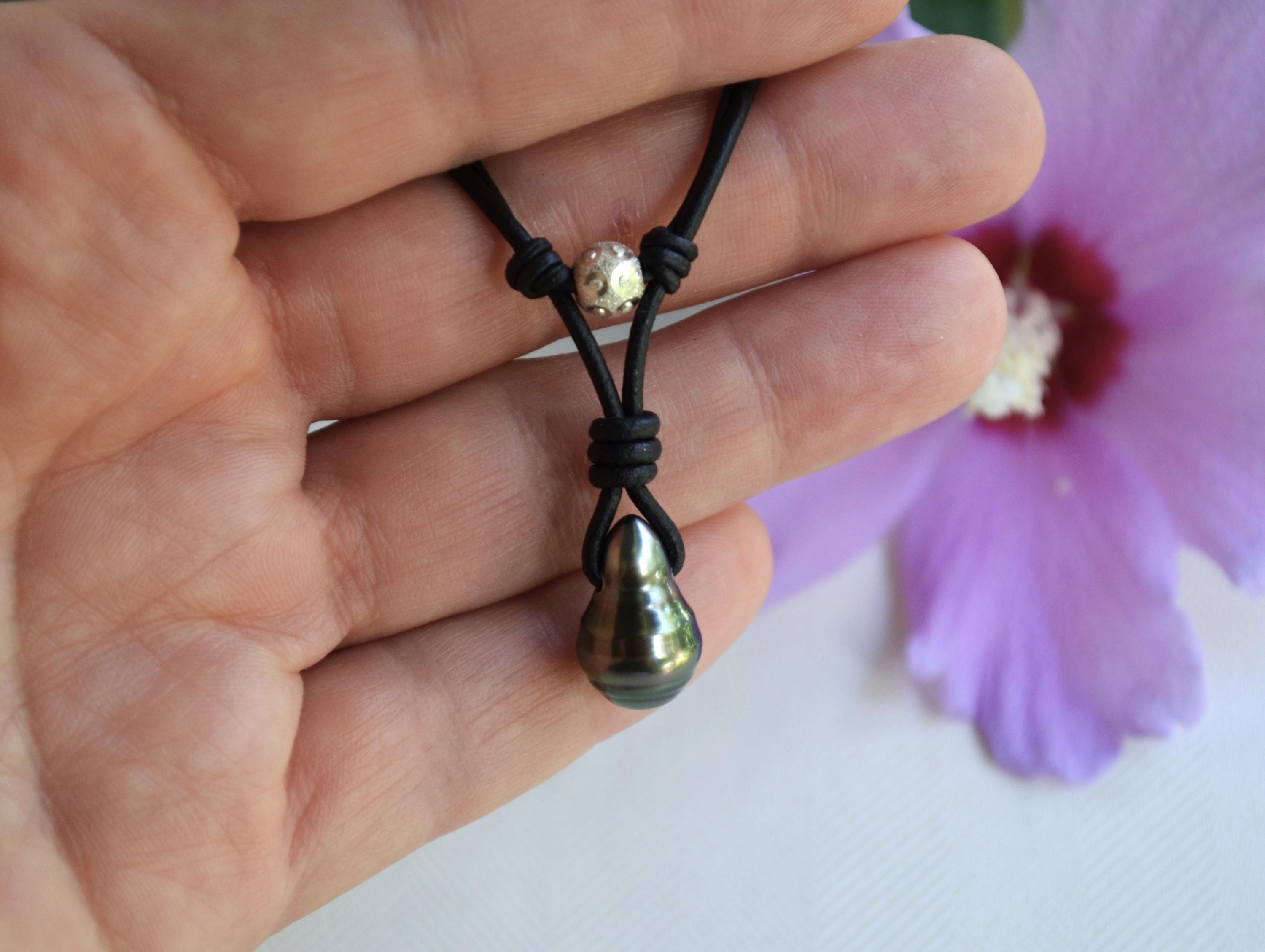Tahitian Pearl Leather Necklace: Sterling Silver Accent, Elegant Gift