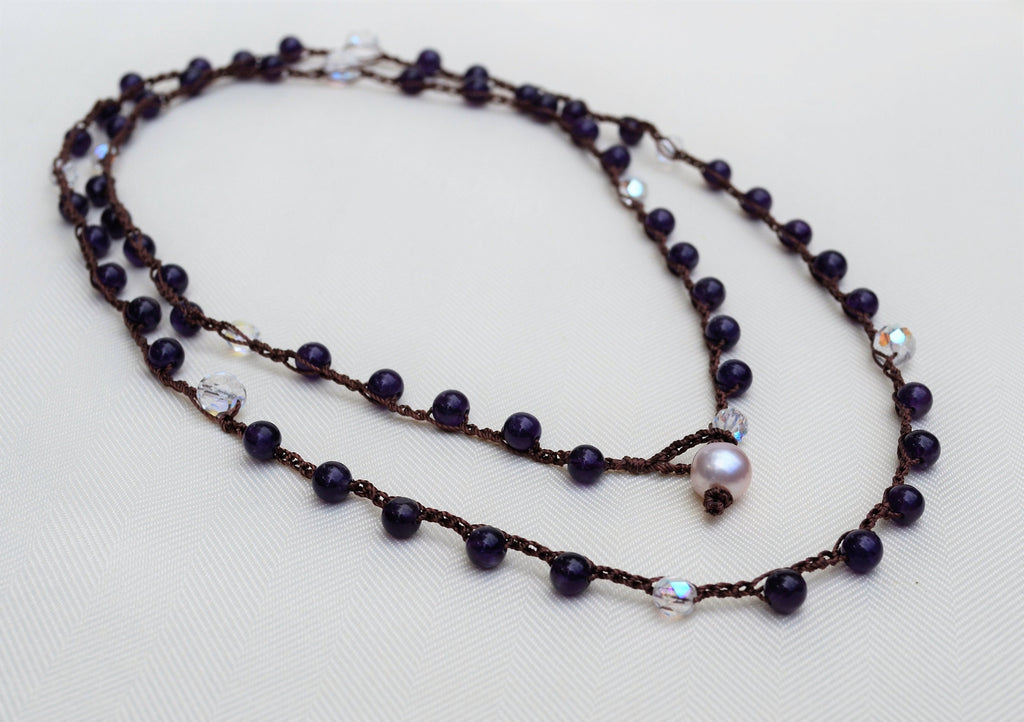 Long Amethyst Crochet Lariat Necklace: Layered Gemstone Jewelry