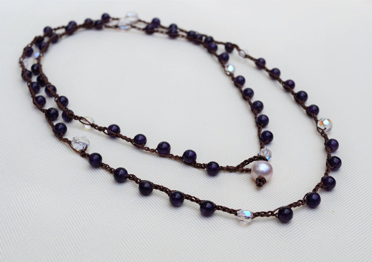 Long Amethyst Crochet Lariat Necklace: Layered Gemstone Jewelry