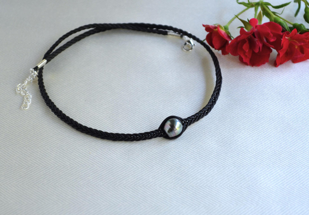 Tahitian Pearl Necklace: Braided Leather Choker, Elegant Unisex Jewelry