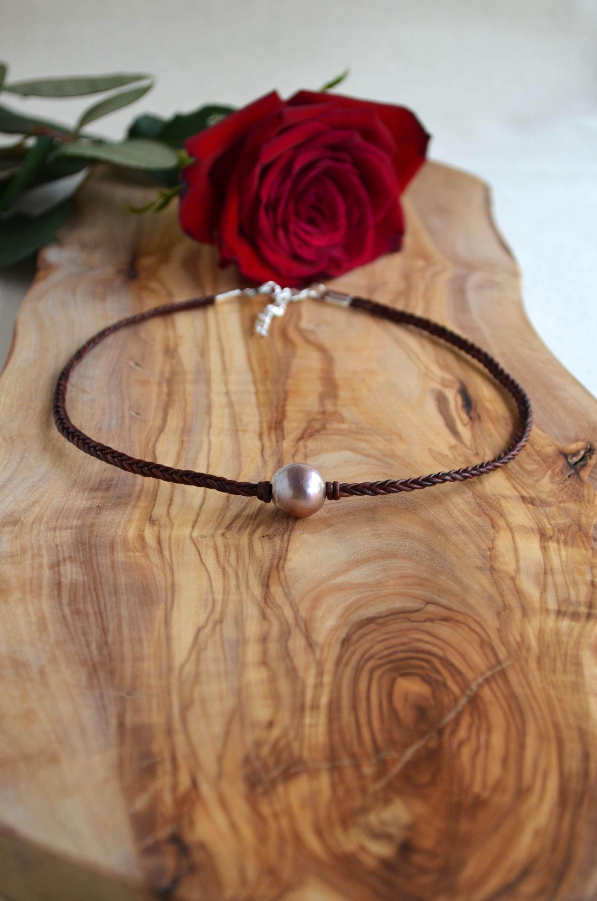 Mauve Pink Edison Pearl on Hand Braided Leather Five Cords Women's Short Necklace