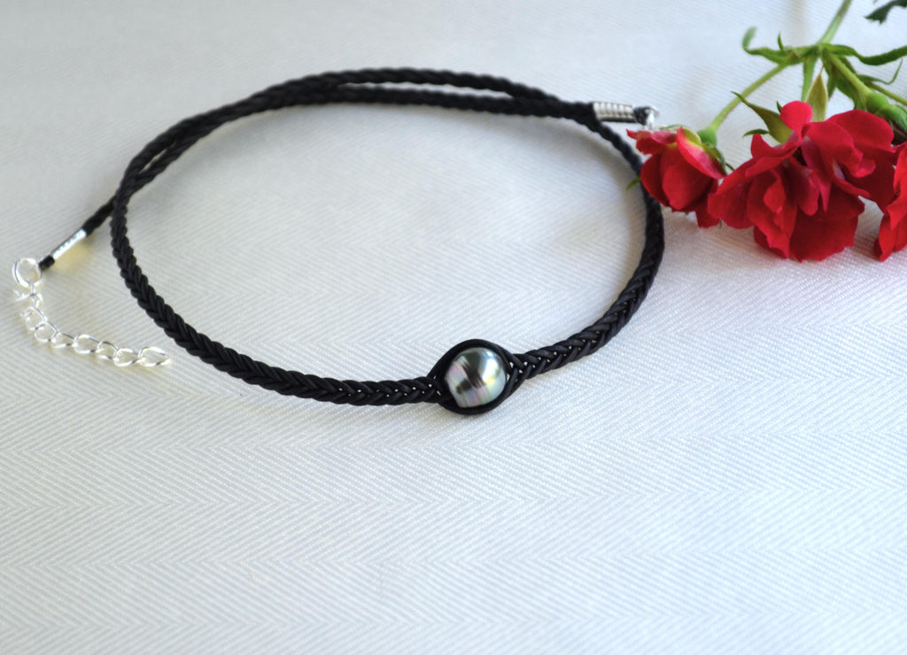 Tahitian Pearl Necklace: Braided Leather Choker, Elegant Unisex Jewelry