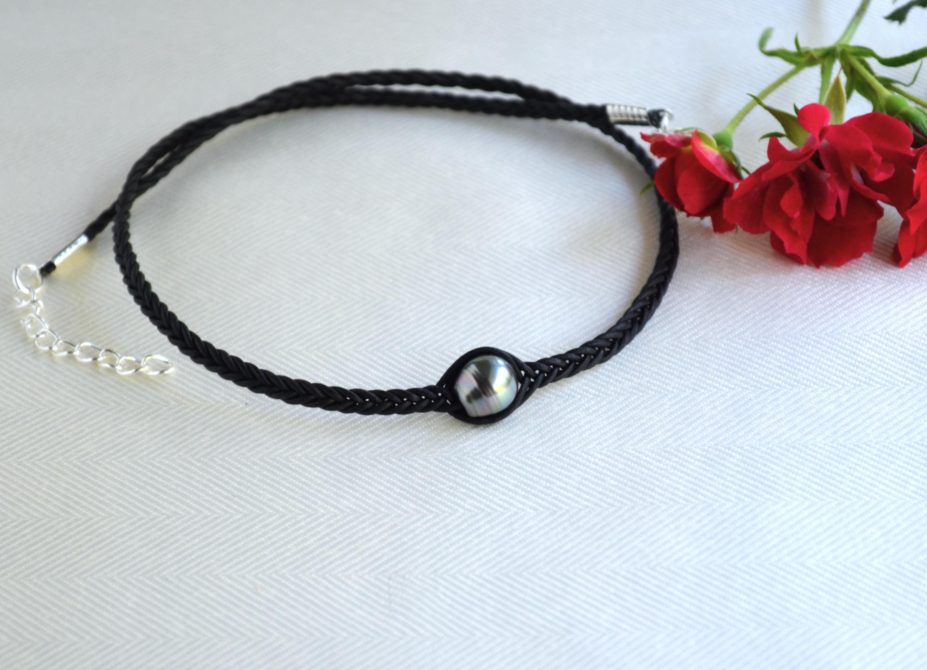 Tahitian Pearl Necklace: Braided Leather Choker, Elegant Unisex Jewelry