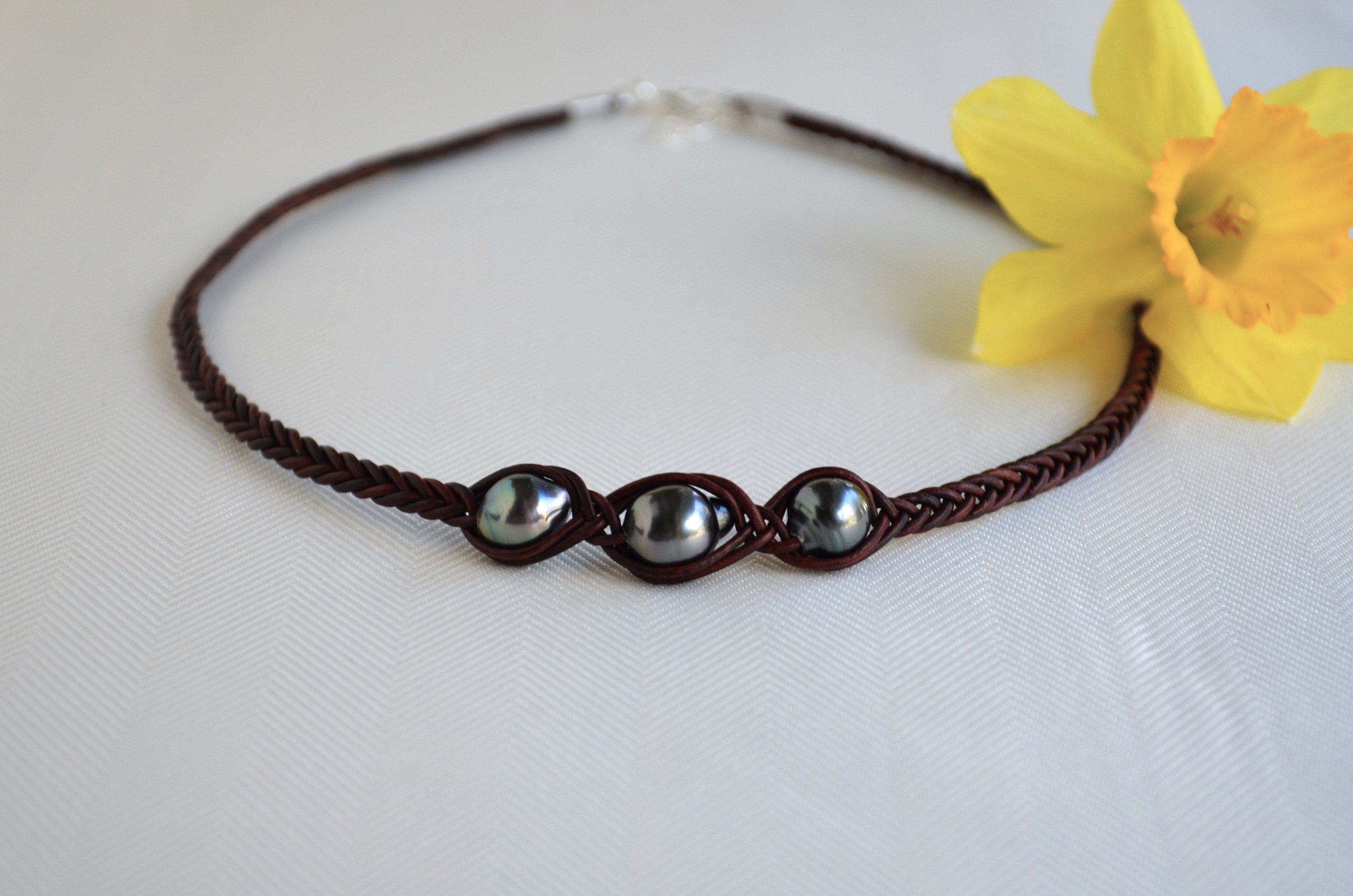 Three Tahitian Pearl Necklace: Braided Leather, Elegant Jewelry