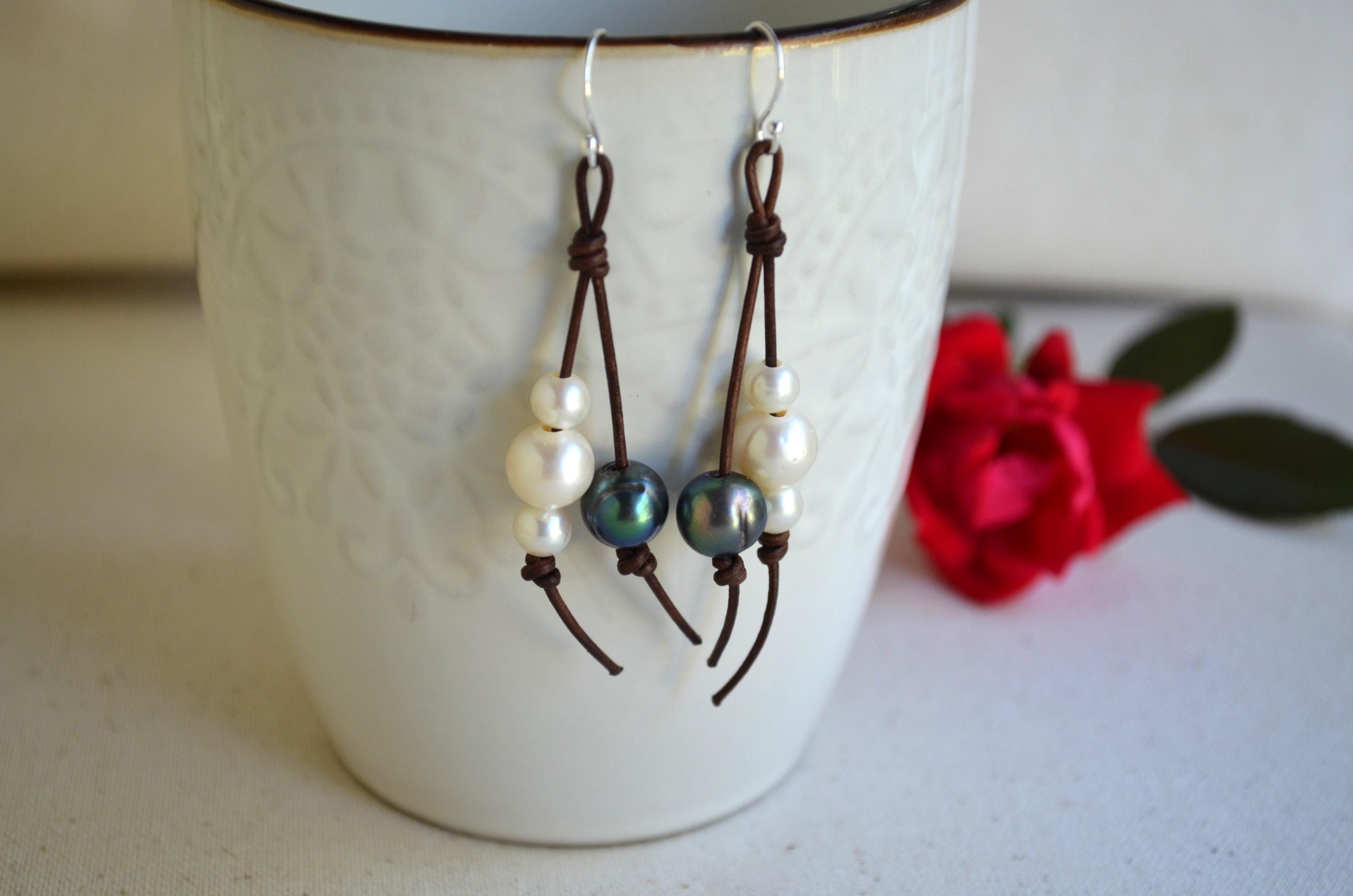 Handmade Freshwater Pearls on Leather Earrings, Sterling Silver French Wires