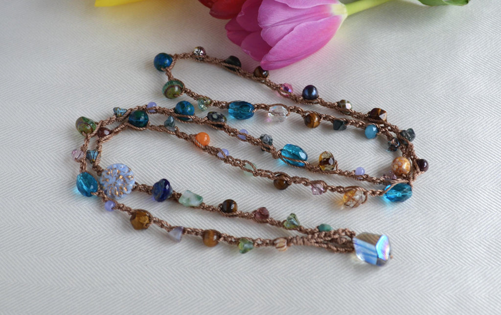 Crocheted Beaded Lariat Necklace - Multicolor Czech Beads, Artisan Boho Jewelry
