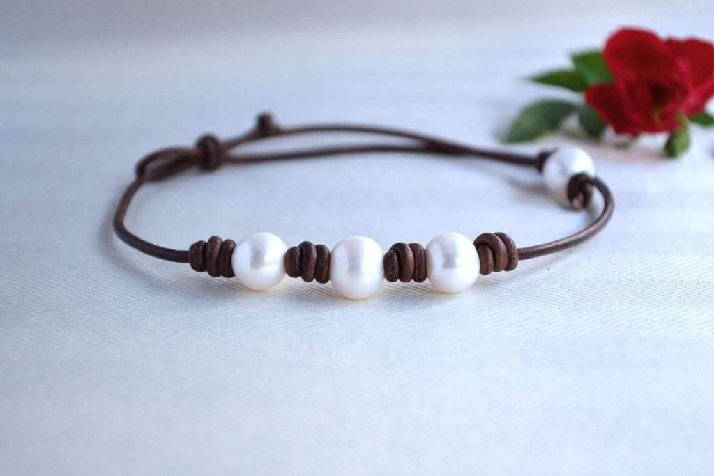 Freshwater Pearl Leather Choker: Three Wishes Necklace
