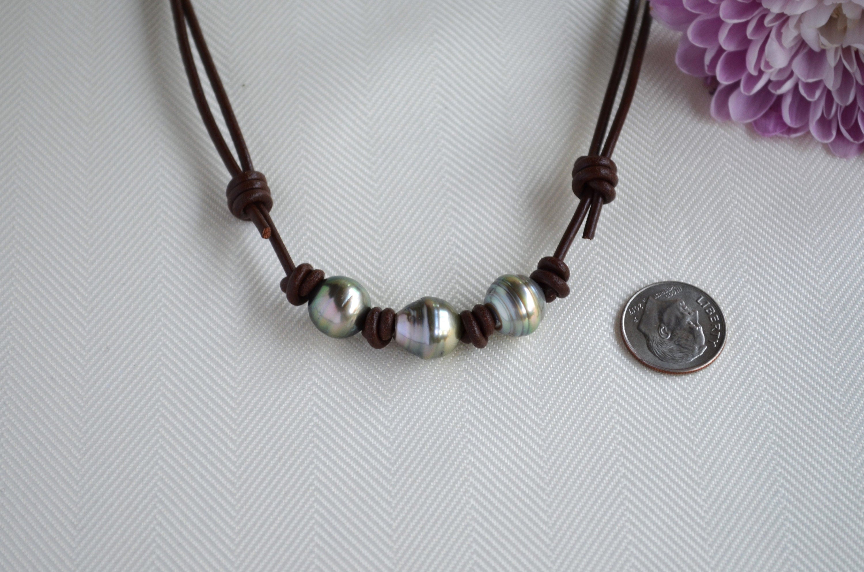 Tahitian Pearl Choker: Three Pearl Brown Leather Necklace