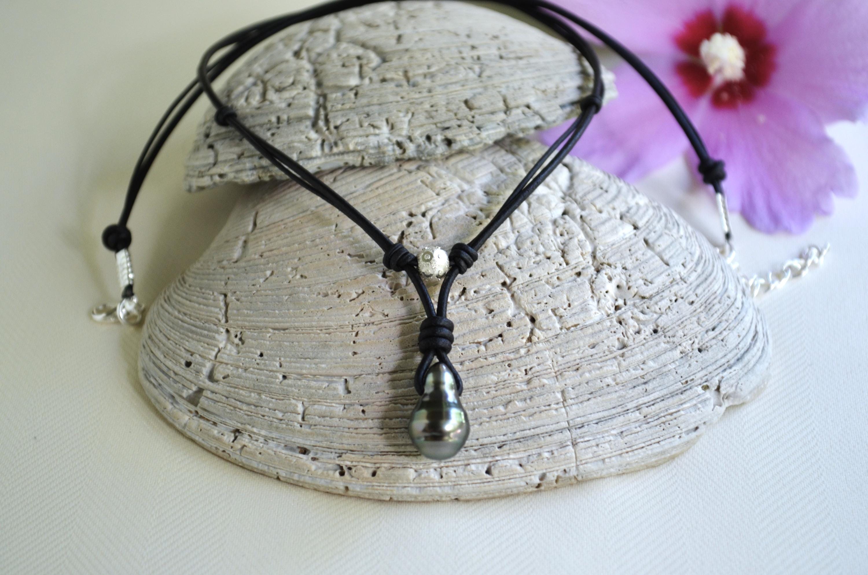 Tahitian Pearl Leather Necklace: Sterling Silver Accent, Elegant Gift
