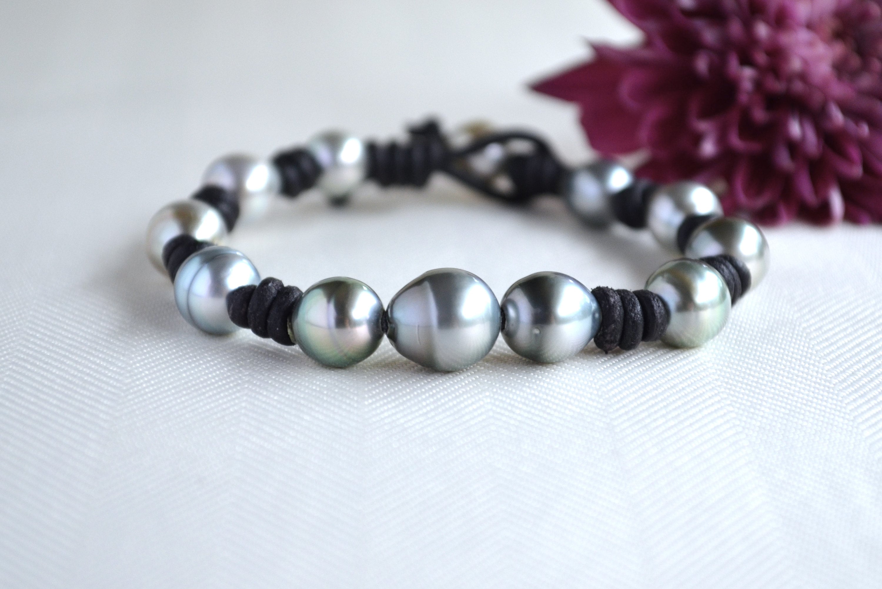 Tahitian Pearls on Leather Bracelet: Black Leather, Tahitian Pearl Clasp