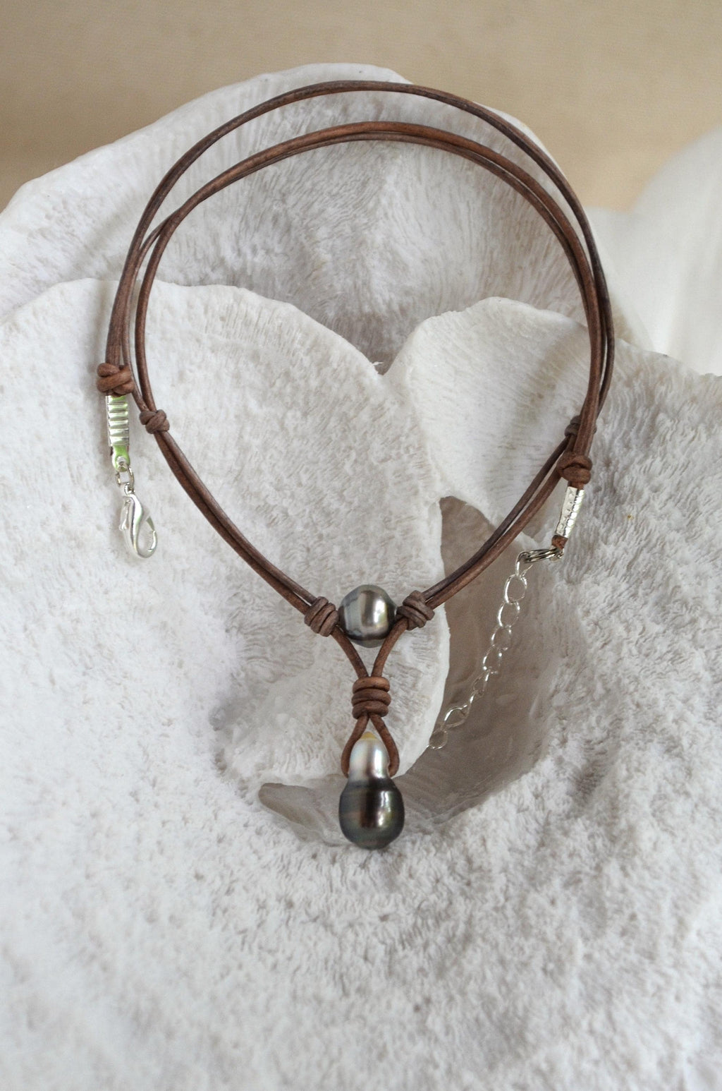 Tahitian Pearl Leather Necklace, Large Drop Pearl, Silver Black, Handmade Jewelry