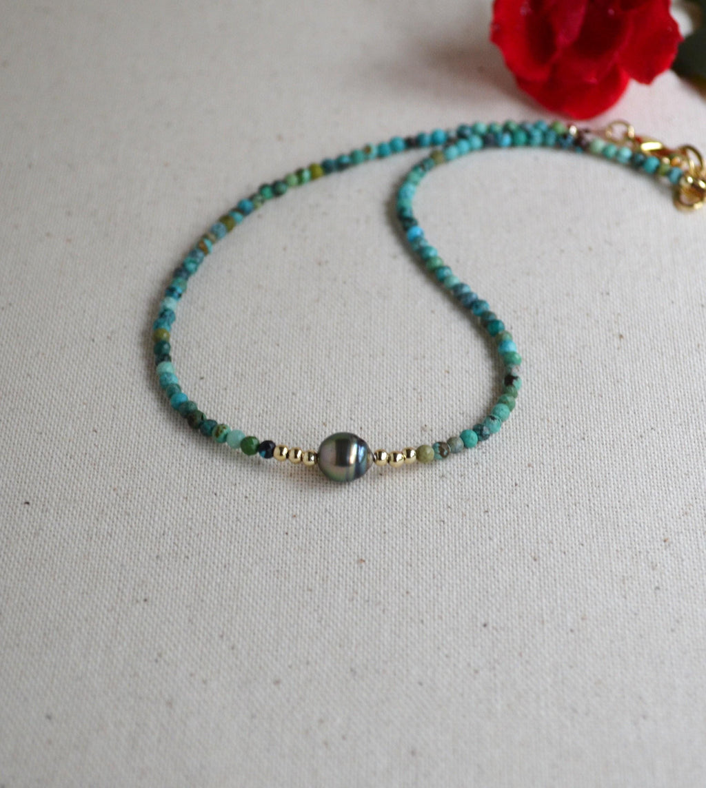 Tahitian Pearl Short Necklace, Turquoise Beaded Collar, Minimal Gold Filled Necklace, Everyday Elegant Jewelry