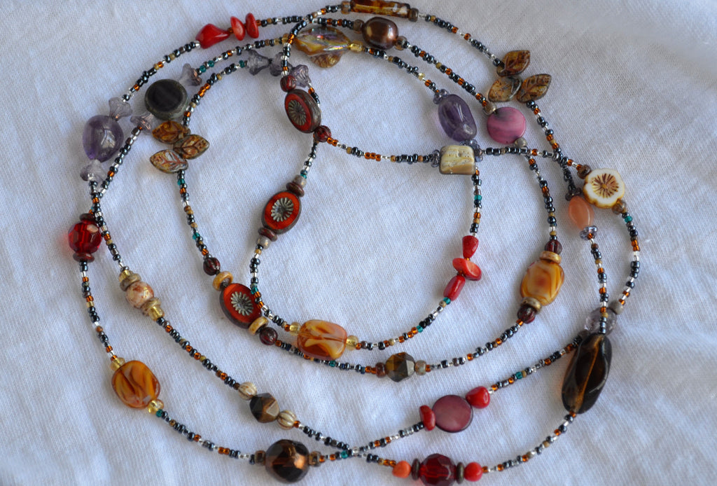 Boho Gemstone Lariat Necklace: Red Coral, Pearl & Abalone