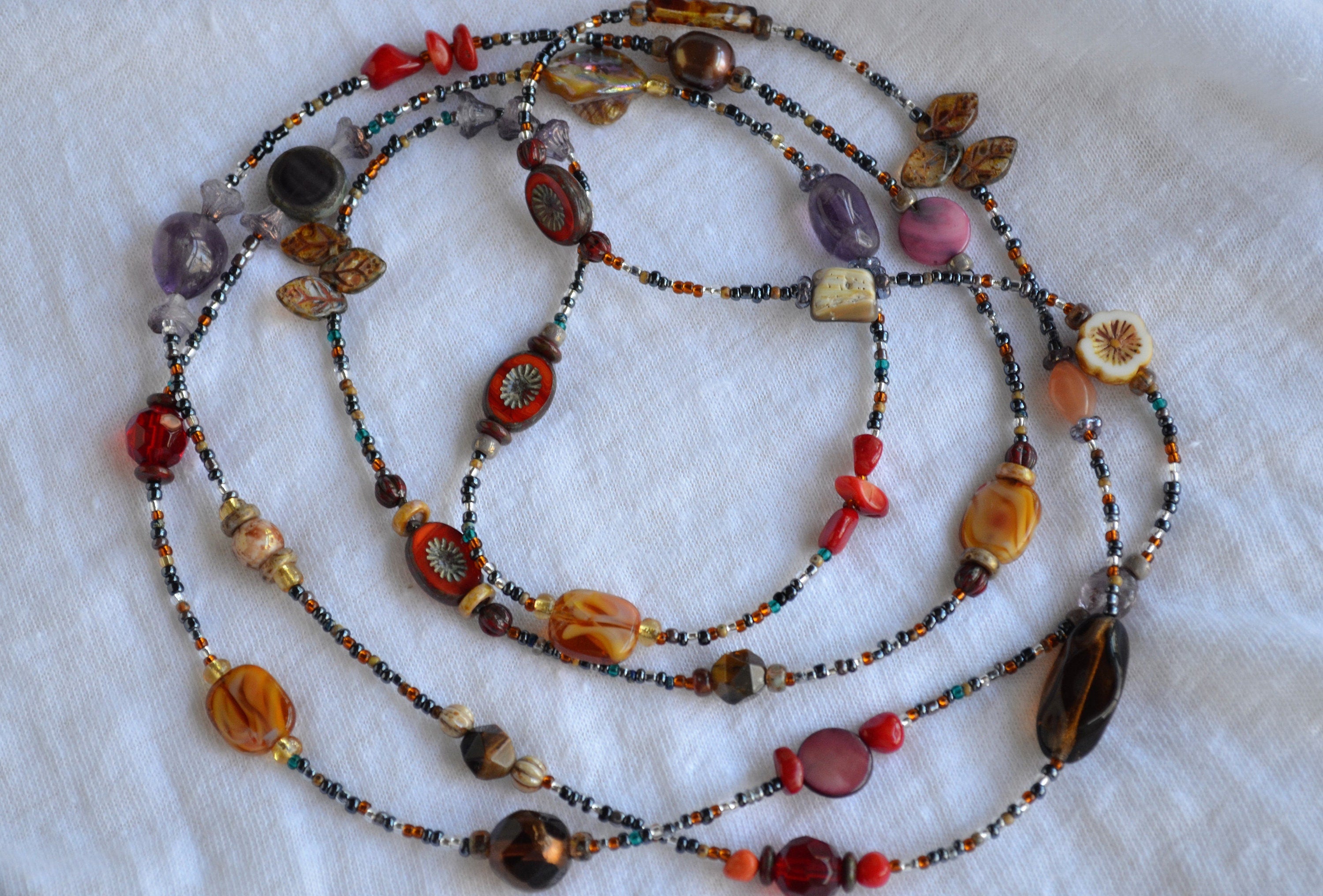 Boho Gemstone Lariat Necklace: Red Coral, Pearl & Abalone