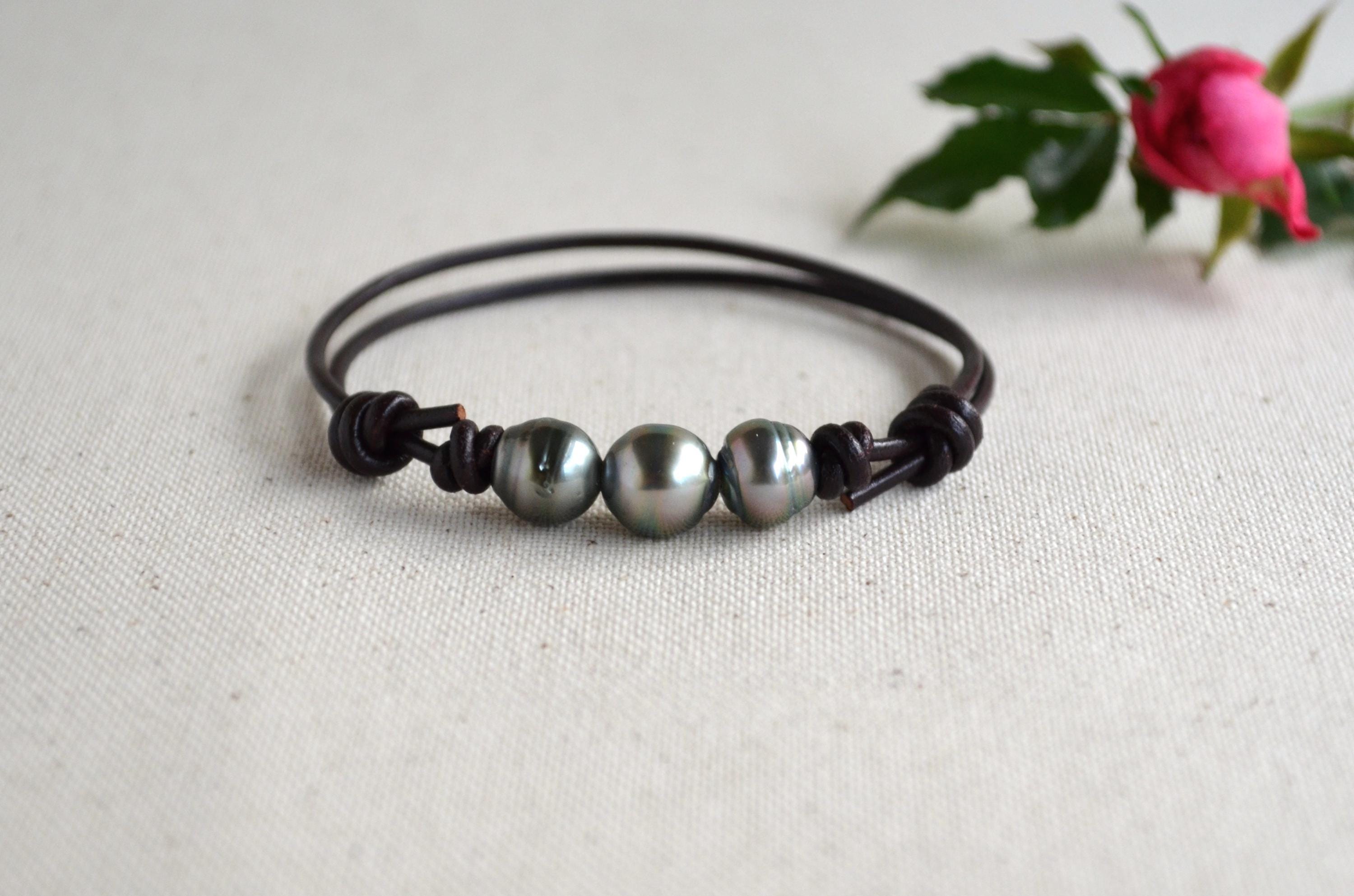 Three Tahitian Pearls Bracelet: Adjustable Dark Brown Greek Leather, Elegant Jewelry, Unisex