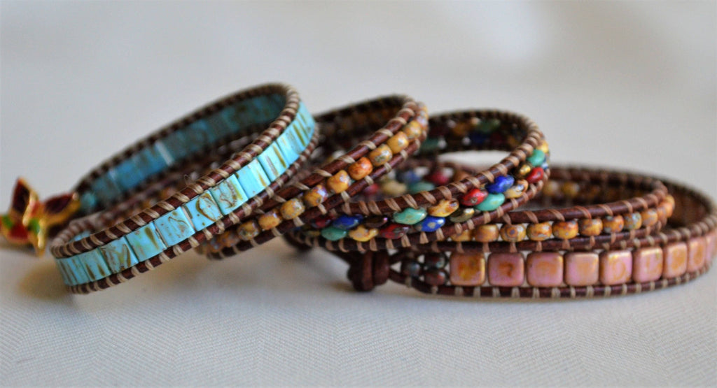 Hummingbird Leather Wrap Bracelet: Picasso Bead Boho Jewelry